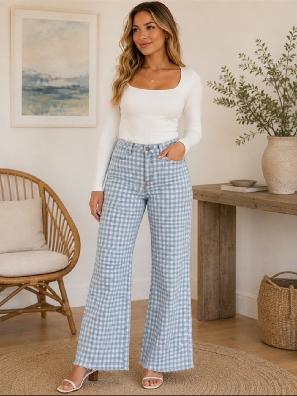 Est. 1946 Denim Gingham Wide Leg Raw Hem Jeans Size 24W